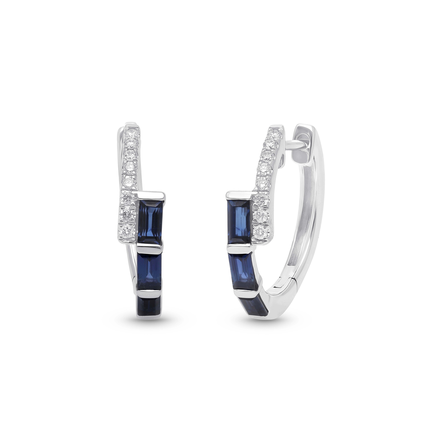 14K White Gold Diamond and Blue Sapphire Bypass Hoop Earrings